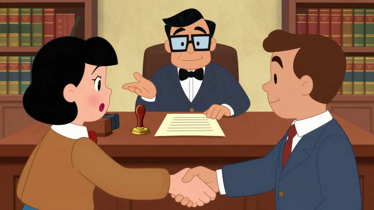 Наследники подписывают соглашение у нотариуса в стиле ретро-мультфильма