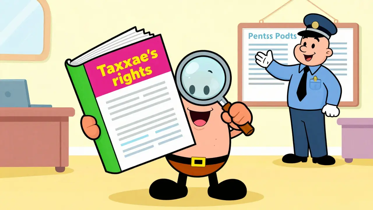 Персонаж изучает свои налоговые права с помощью путеводителя в мультяшном стиле