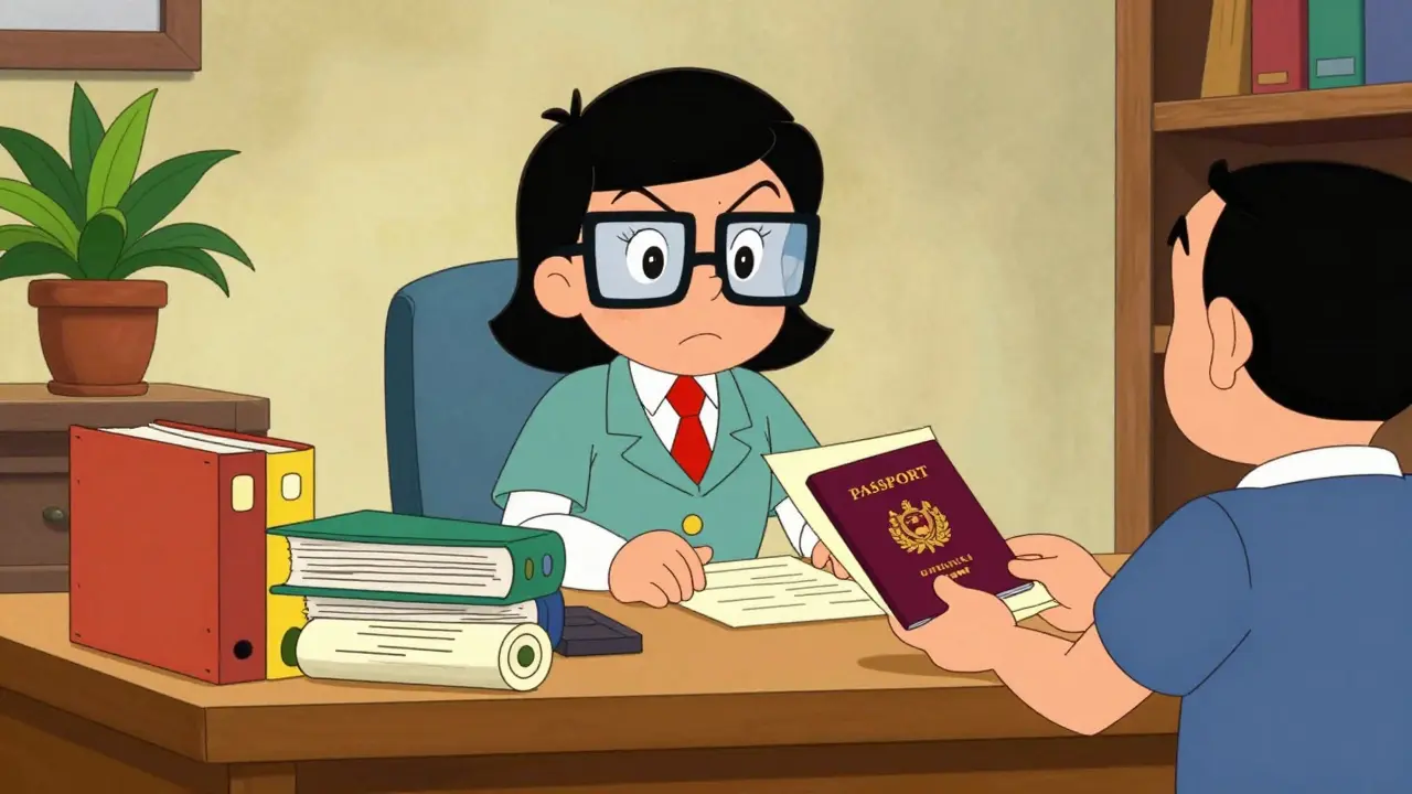 Персонаж передает документы нотариусу в офисе в стиле классической мультипликации.