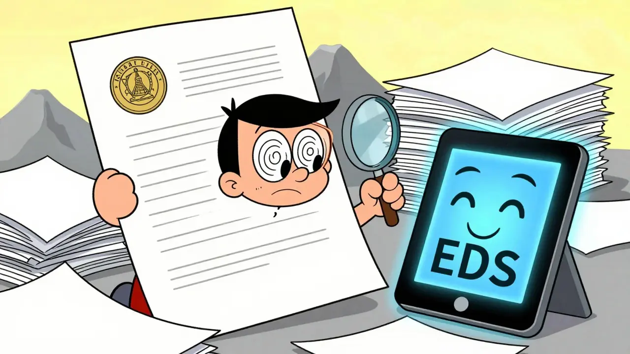 Персонаж с горой документов и современный планшет для регистрации бизнеса