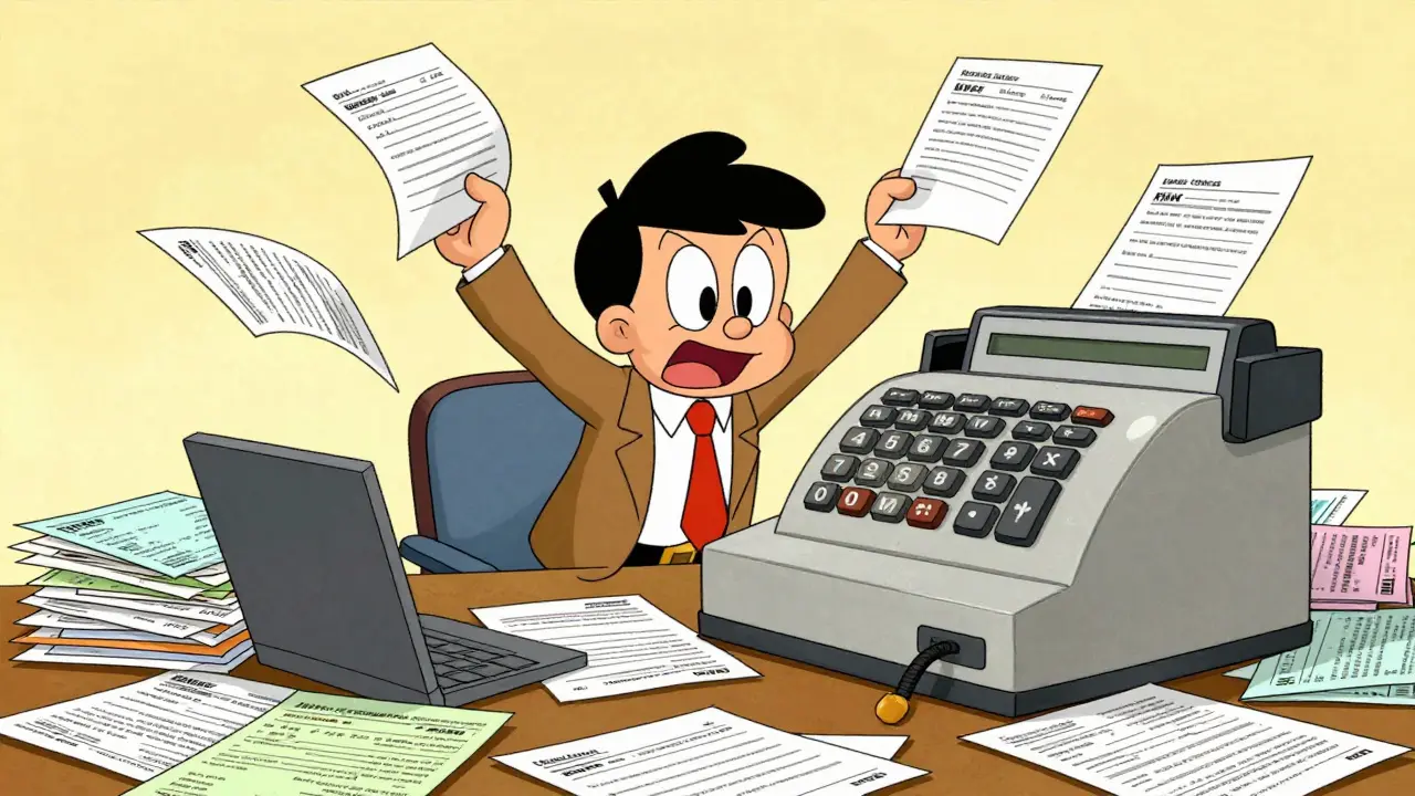 Предприниматель в окружении налоговых деклараций и кассового аппарата в стиле ретро-мультиков