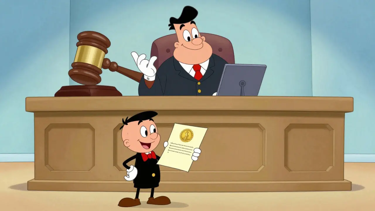 Радостный человек в суде получает положительное решение по делу