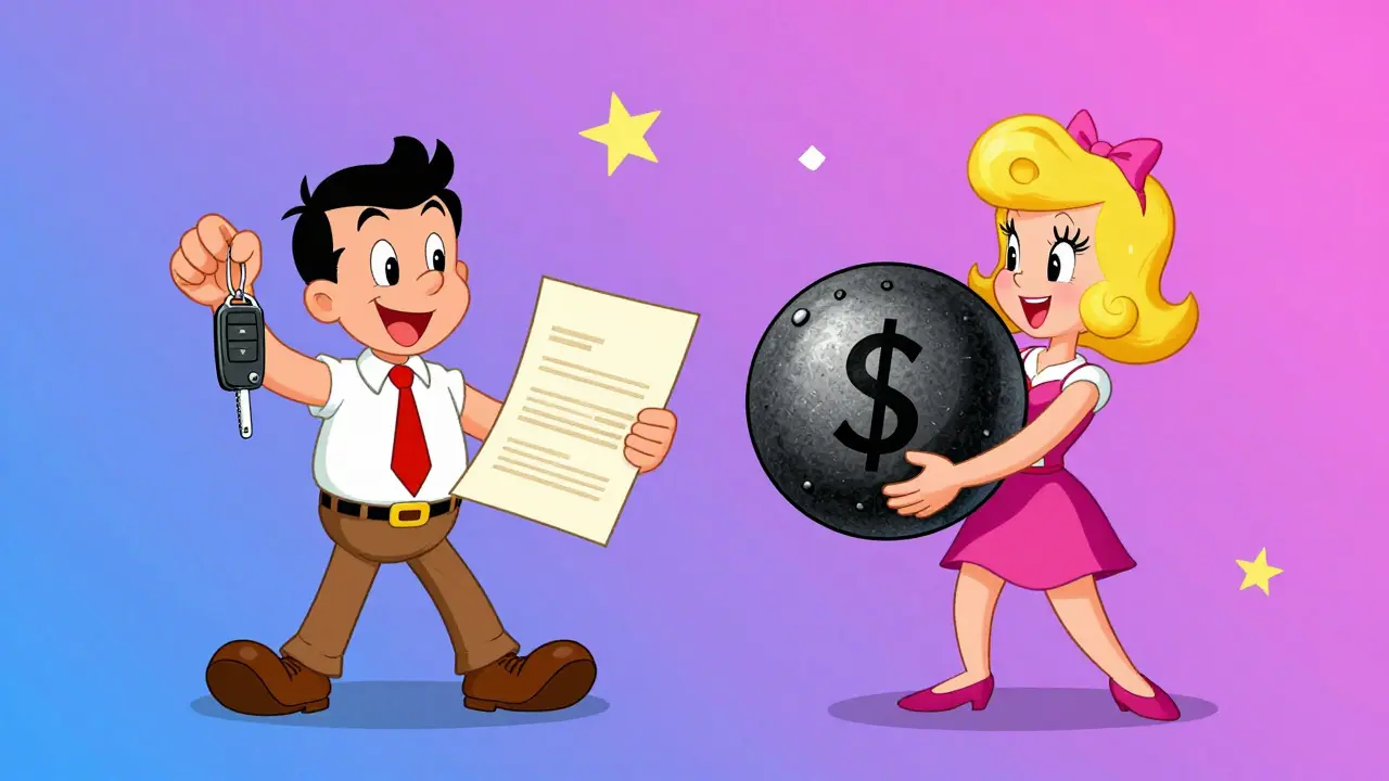 Разделение имущества: один супруг с ключами от дома, другой с тяжелым грузом долга