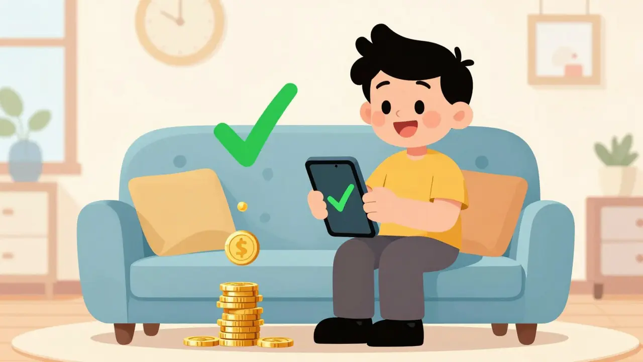 Родитель с телефоном и монетами, символизирующими получение пособия.