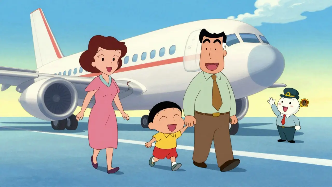 Счастливая семья с ребенком у самолета в стиле классической анимации