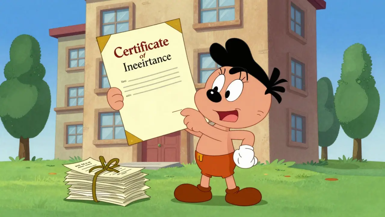 Счастливый человек с сертификатом о праве на наследство на фоне дома.