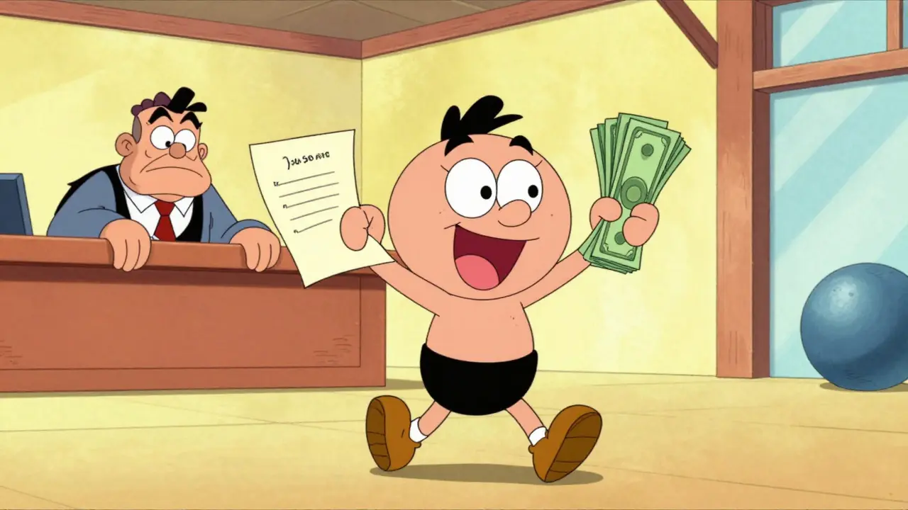 Счастливый человек уходит из спортзала с возвращенными деньгами в руках