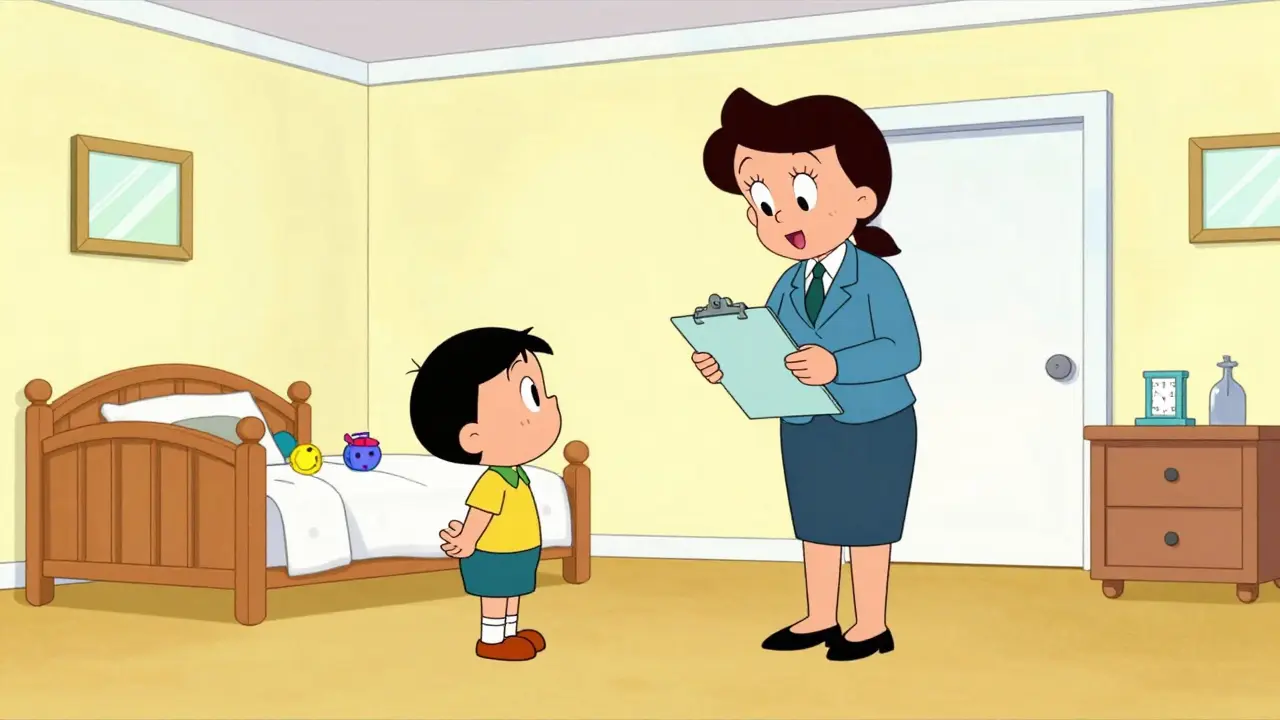 Специалист органов опеки проверяет условия в детской комнате