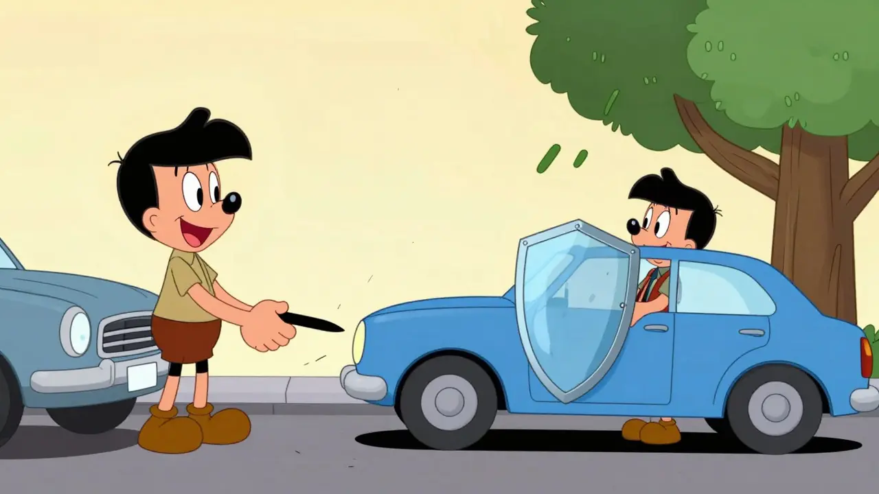 Сравнение ОСАГО и КАСКО в виде щита, защищающего машину от падающего дерева