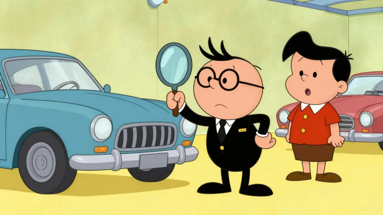 Страховой агент осматривает автомобиль через лупу в стиле классической анимации