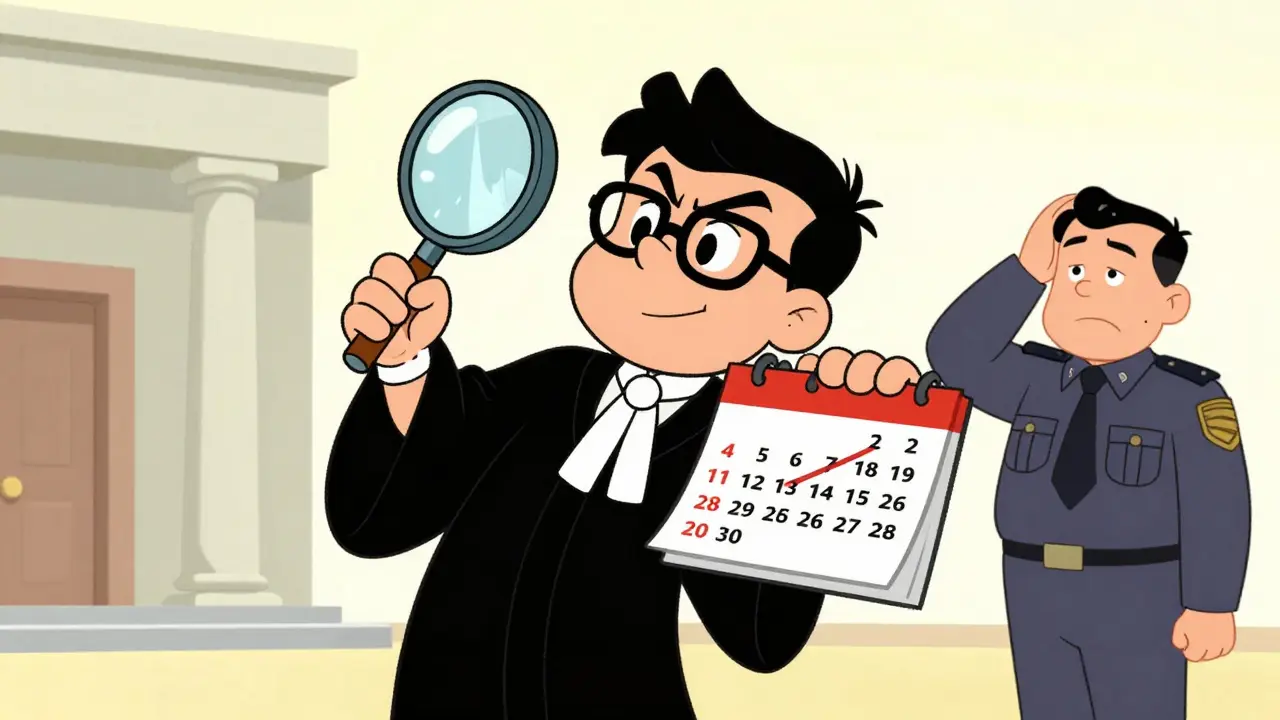 Юрист в мультяшном стиле доказывает истечение срока давности, глядя в календарь через лупу