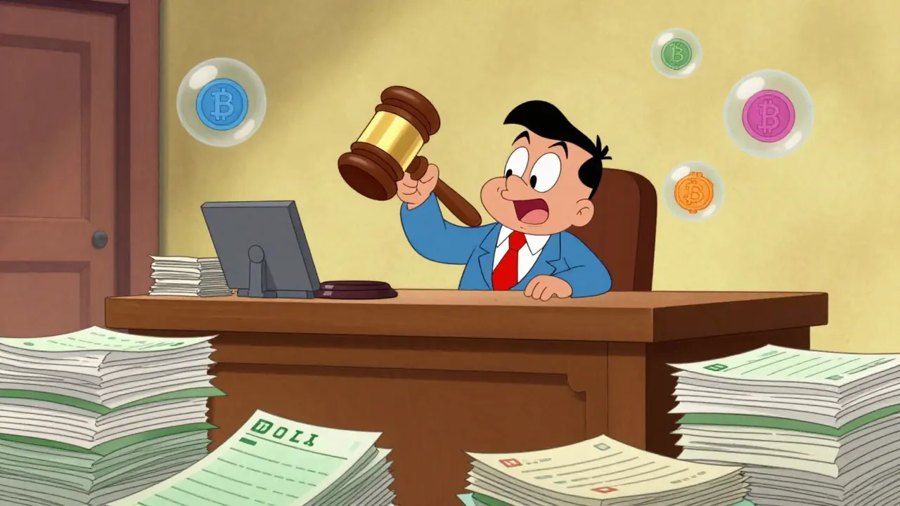 Забавный суд в стиле Ханна-Барбера с банковскими выписками и иконками криптовалют
