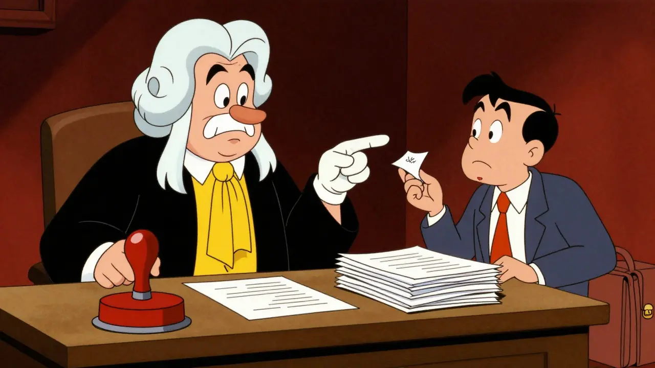 Заседание суда в стиле ретро-мультфильмов с судьей и испуганным руководителем.