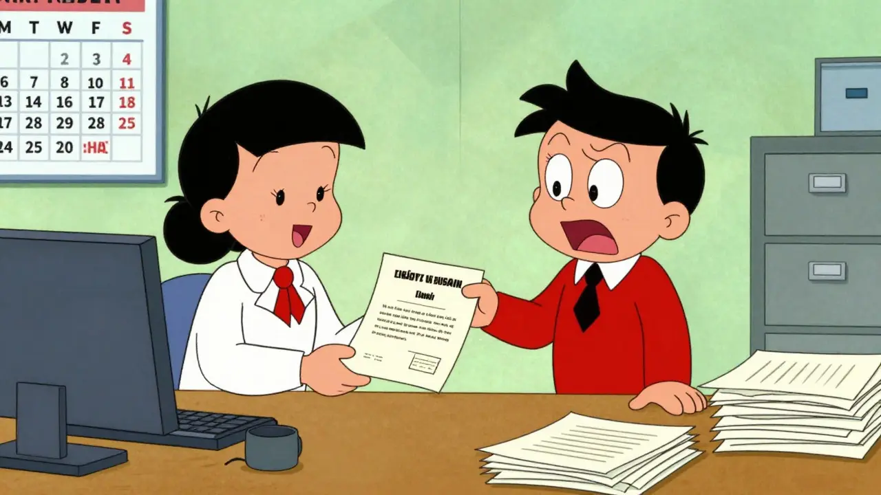 Анимированный чиновник выдает документы заявителю в стиле Hanna-Barbera